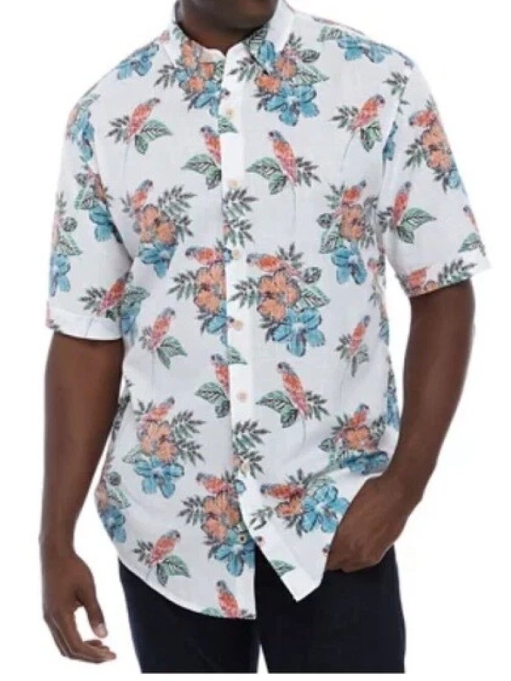 IZOD Chambray Tropical Parrot Shirt Men's Button Up Size XL
